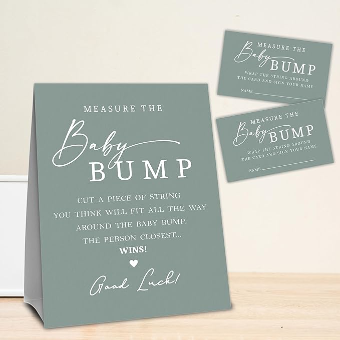 Dark Green Baby Shower Measure The Baby Bump, Measure Mommy's Belly Game Set - 1 Self-Standing Sign And 50 Tickets - Gender Reveal, Baby Shower, Baby Announcement Activity & Party Favor Supplies - A12