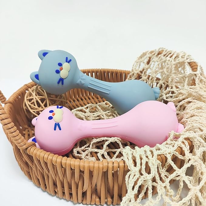 Teether Rattle Toys Cat Silicone Teether Rattle for Baby Food Grade Silicone (Blue)