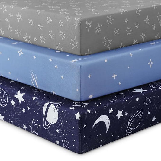 Baby Crib Sheets for Boys Girls, Fitted Crib Sheet Neutral 3 Pack for Standard Crib and Toddler Mattress, Breathable Soft Microfiber Baby Sheet 28x52x8in Blue Gray Planet