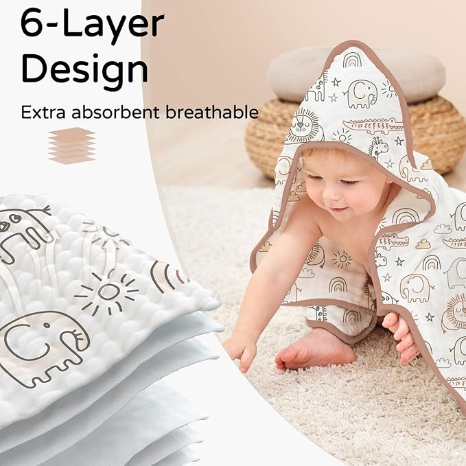 Yoofoss Hooded Baby Towels for Newborn 2 Pack 100% Muslin Organic Cotton Baby Bath Towel with Hood for Babies, Infant, Toddler and Kids, 32x32Inch, Soft and Absorbent Newborn Essential, Brown Giraffe