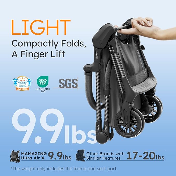 Lightweight Baby Strollers for Airplane, Ultra-Compact Travel Stroller, Light & Strong Portable Toddler Stroller with Carbon Fiber Frame and UPF 50+ Waterproof Canopy, Only 9.9 lbs, Black