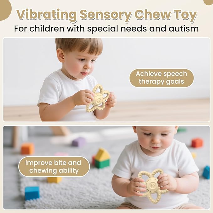 Vibrating Sensory Chew Toy for Autism & Teething Babies - USB Rechargeable with 3 Vibration Modes, Baby Teething Toys for Toddlers 6-18 Months, Calming Baby Sensory Toys(Beige)