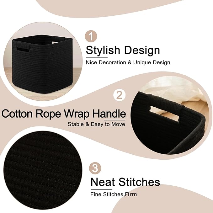 OIAHOMY Storage Cubes 11 Inch Storage Bins-3-Pack, Cotton Rope Woven Baskets for Organizing, Square Storage Baskets for Shelves Organizer, Classroom, Kids Toy Bins, Closet, Baby Nursery-Black