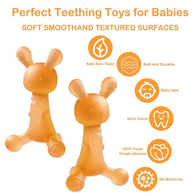WAJIAYON Easter Bunny 2 Pack Amber Oil Baby Teething Toys for Babies,Silicone Baby teethers for Babies 3 Months+,Rabbit Freezer BPA Free Soft and Textured Chew Infant Toys Gifts for Boys and Girls