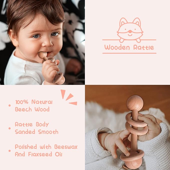 Baby Shower Gifts, Baby Girl Gifts Basket, Unique Baby Gift Essential Stuff Set - Baby Lovey Blanket New Born Bibs Socks Wooden Rattle & Greeting Card, Newborn Baby Gift Set (Fox, Pink)