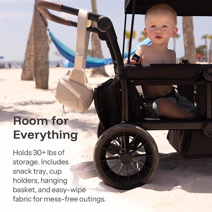 HARPPA All-Terrain Wagon Stroller for 2 Kids, Foldable Outdoor & Beach Stroller Wagon with Removable Canopy, Adjustable Push & Pull Handle, Footwell & Large Storage, Black
