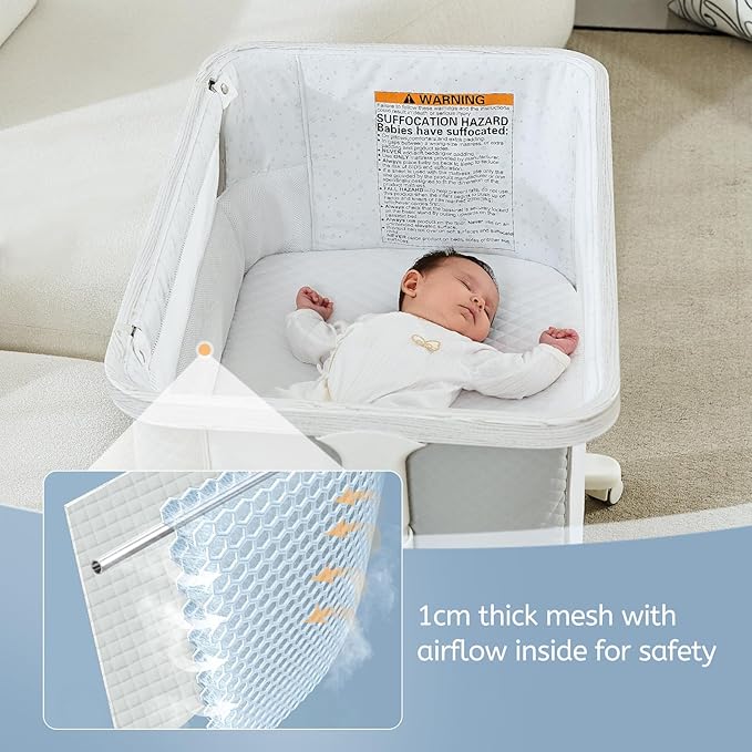 Rocking Bassinet for Baby Electric 3 Motion Automatic Bedside Sleeper Auto Rolling Newborn Cradle Rocks Itself 5 Height Adjustable with Music, Wheels, Storage, Grey & White