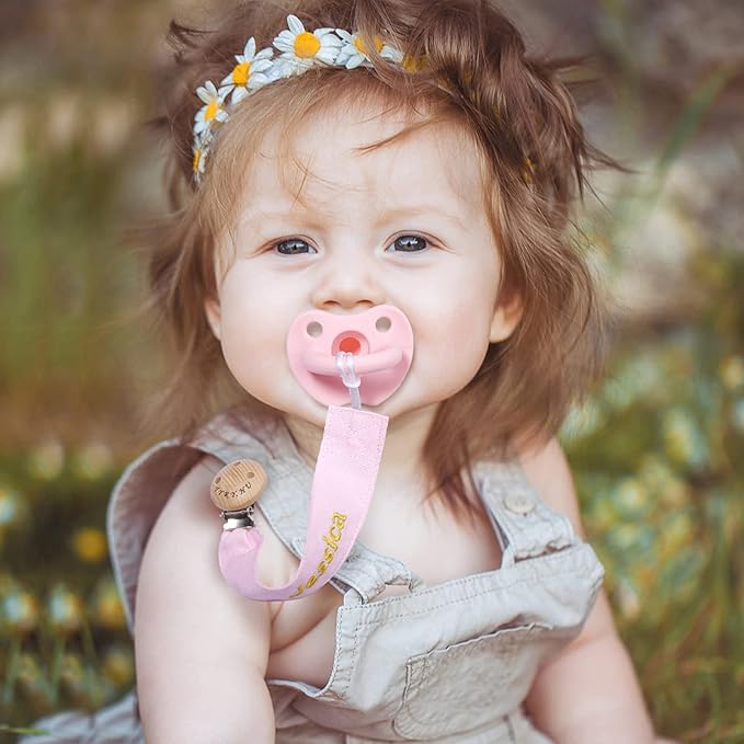 TYRY.HU Personalized Pacifier Clip with Name, Embroidery Webbing Pacifier Holder for Baby Girls and Boys, Neutral Pacifier Leash Universally Fit All Pacifiers & Baby Toys, 2 Pack Baby Gift(Grey, Pink)