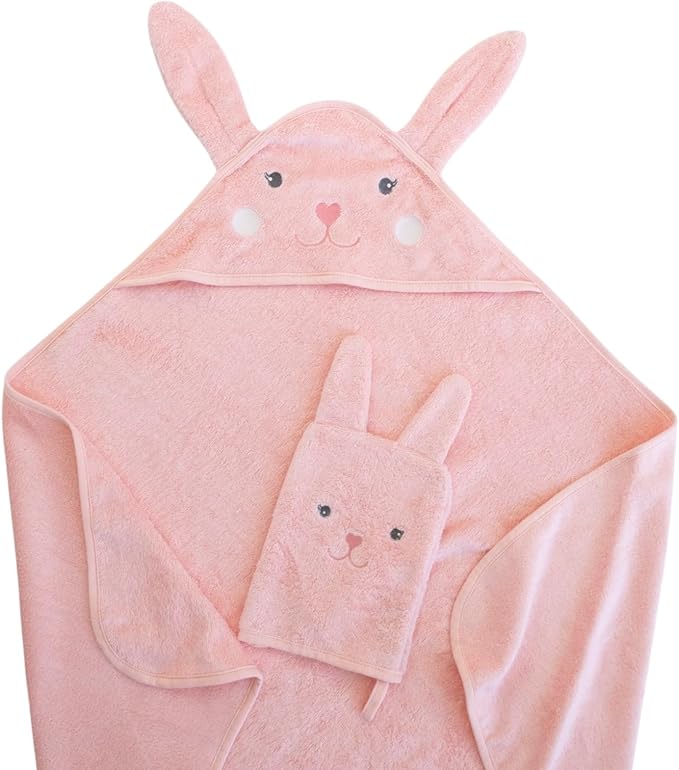 Hooded Baby Towel with Mitt - Ultra Soft Plush Bath Essential for Newborn, Infant & Toddler - Premium 30x30 Inch Large Absorbent Baby Bath Towels with Hood for Boys & Girls (Cute Bunny)