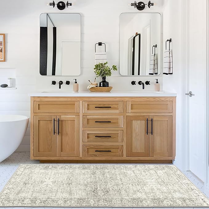 ReaLife Rugs Machine Washable Area Rug Runner - Living Room Bedroom Bathroom Kitchen Entryway Office - Padded Low Pile Stain Resistant Premium - Boho Farmhouse Vintage - Lyle - Beige Ivory 2'6" x 6'