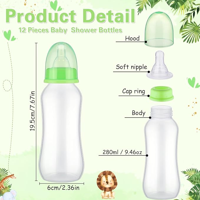 TrelaCo Cool Baby Shower Games Sets 12 Pcs Feeding Bottles with 1 Bottle Chug Sign for Gender Reveal Baby Shower Party Favors Decoration Games(Forest,Light Green)