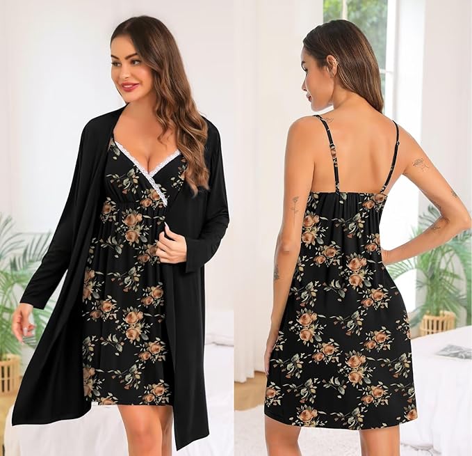 SWOMOG Womens Maternity Robe 2 Piece Nursing Nightgown for Breastfeeding 3 in 1 Labor Delivery Nursing Dress Lace Bathrobe