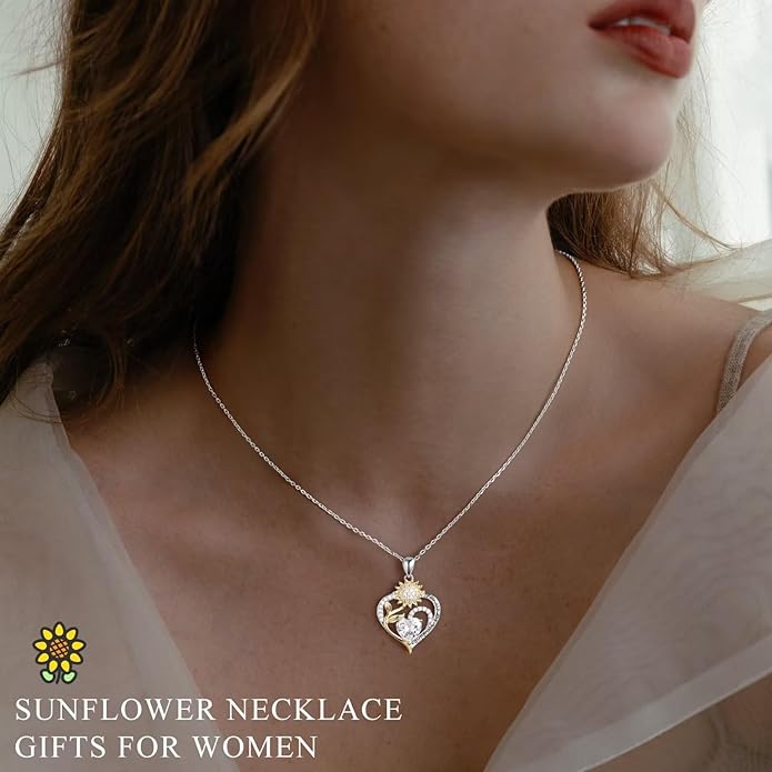 Iefil Sunflower Gifts for Women - Sunflower Necklace Heart Pendant Birthstone Necklace for Women Anniversary Birthday Gifts for Wife You Are My Sunshine 925 Sterling Silver Jewelry for Wife Mom