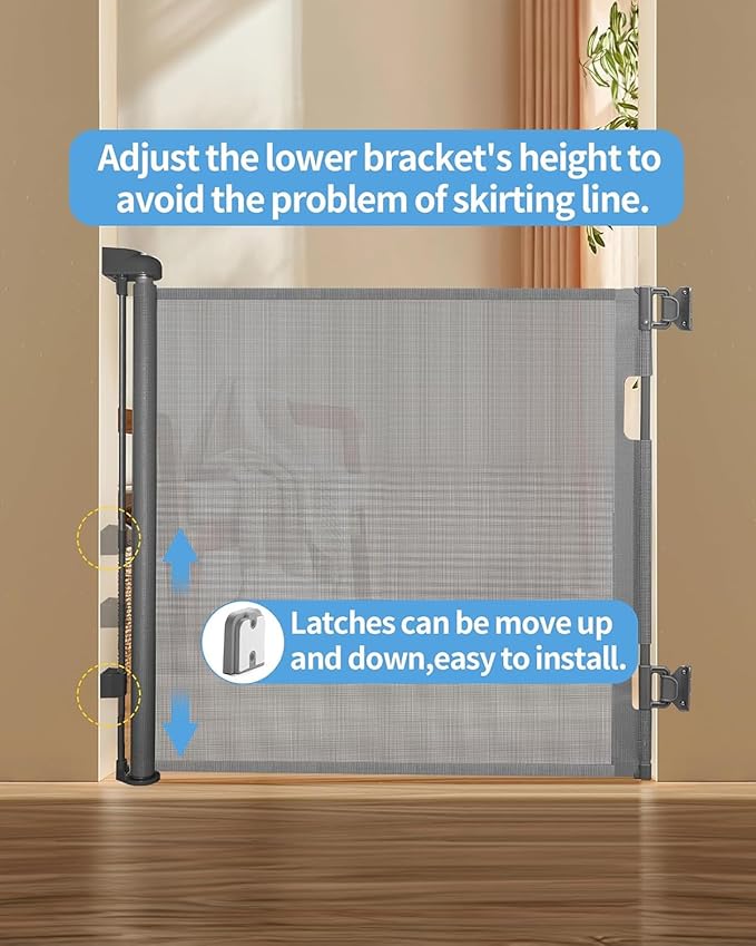 Retractable Baby Gate for Doorways and Stairs, Mesh Safety Gate for Pet, Indoor & Outdoor Use, One-Hand Operation, Easy Installation, 33.6" Tall, Expands to 71" Wide(Grey,33.6"x71")