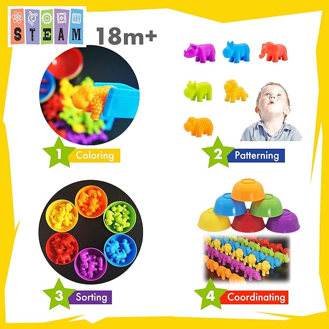 UNIQUE KIDS Counting Educational Learning Toy Set with Sorting Cups – Engaging Sensory Color Classification Training Game for Toddlers and Preschoolers Ages 3 and Up (Animals)