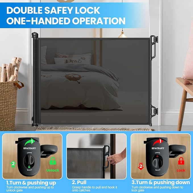 Retractable Safety Baby Gate or Mesh Dog Gate,Durable Portable Mesh Retractable Gate,Easy to Use for Stairs, Doorways, Hallways, Indoor, Outdoor, 33.5" Tall, Up to 55" Wide, Black