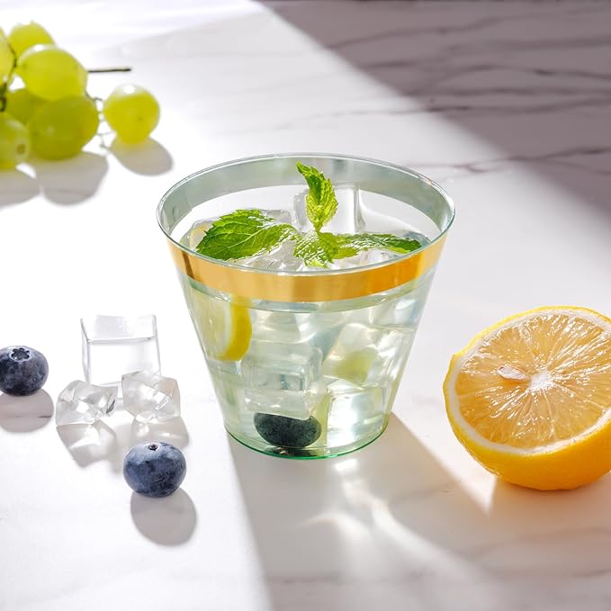 supernal 100 Pack Green Plastic Cups, 9 Oz Clear Green Disposable Cups with Gold Rimmed - Plastic Wine/Cocktail Glasses, Disposable Bridal/Shower Baby Shower Cup Perfect for Party & Wedding