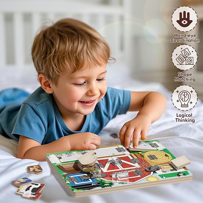 Wooden Latches Busy Board for 1-4 Year Old, Montessori Toys Sensory Toys for Toddler, Farm Theme Educational Busy Board for Kids, Activity Board Gift for Kids