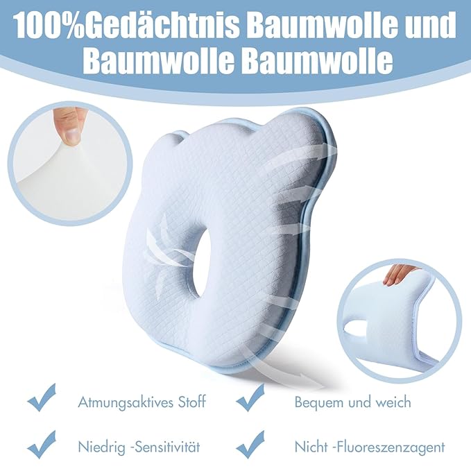Memory Foam Baby Travel Pillow,Portable Cute Cartoon Bear Soft and Cozy Pillow, Breathable Bedding Set for Infants for Small Boys and Girls Prevent Flat Head