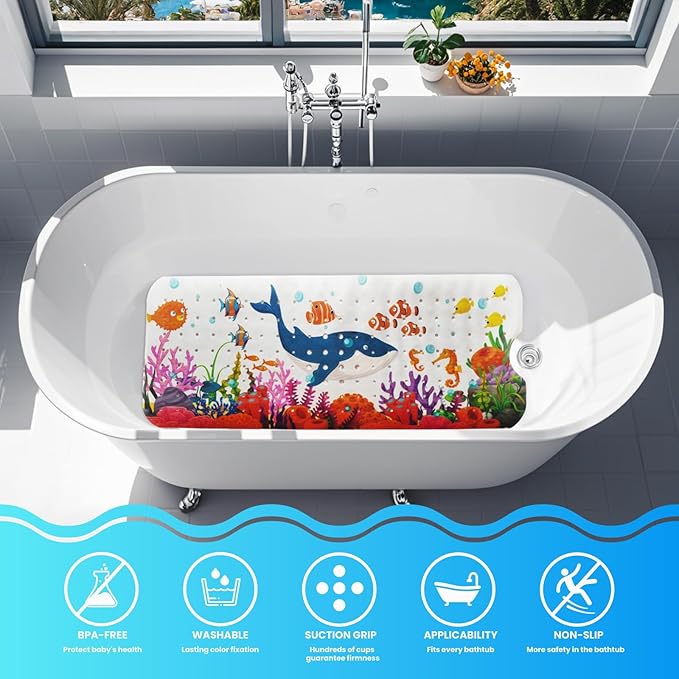 Linoows Baby Bath Tub Mat, 40 x 16 Inch Extra Large Non Slip Kids Cartoon Bathtub Shower Mats with Suction Cups & Drain Holes, Machine Washable for Bathroom, Undersea Blue Whale