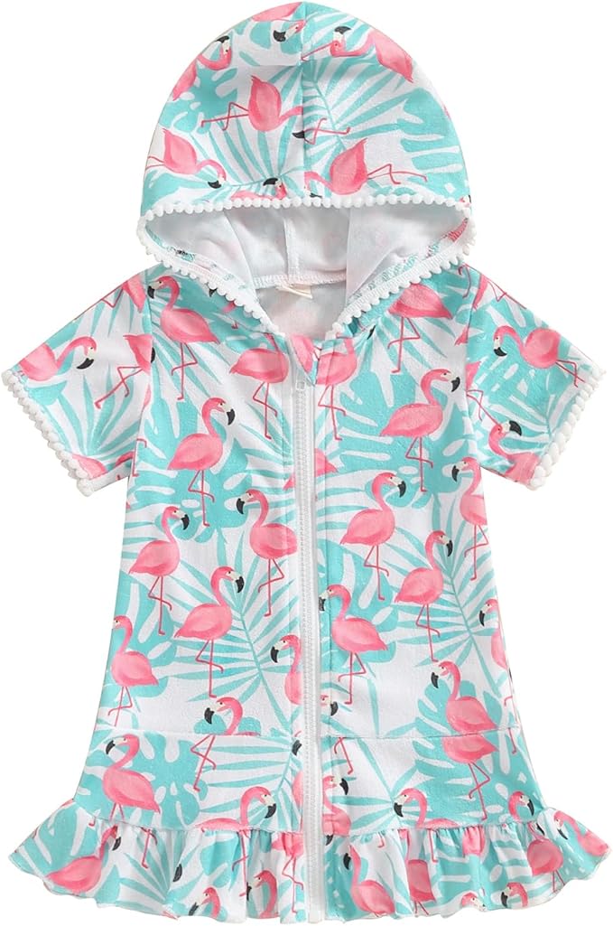 Girls Hooded Zip Terry Coverups Swimsuit Kids Baby Girl Floral Print Short Sleeve Swim Cover-Up Swimwear