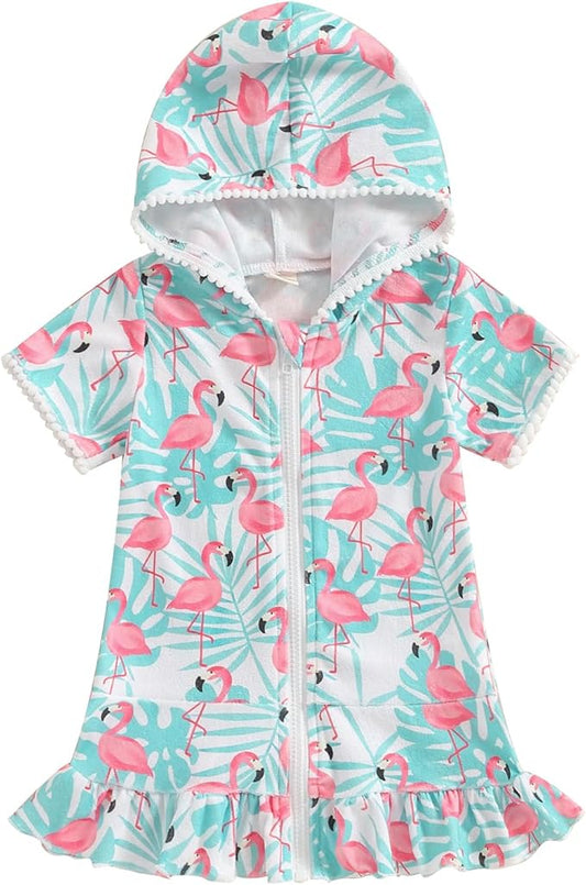 Girls Hooded Zip Terry Coverups Swimsuit Kids Baby Girl Floral Print Short Sleeve Swim Cover-Up Swimwear
