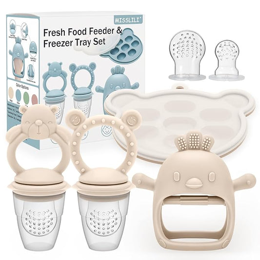 4 Pack Silicone Teething Mitten for Babies with Baby Fruit Food Feeder & Freezer Tray Set, BPA Free Infant Teething Relief Toy for 3 Month+, Additional Silicone Sacs (Bear&Smile Beige)