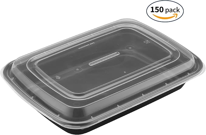 TIYA Food Containers - 38 oz Bulk 150 Pack with Lids - Rectangular Plastic To-Go Containers - Reusable, Microwavable, Dishwasher Safe - Leak-Proof for Meal Prep - BPA-Free