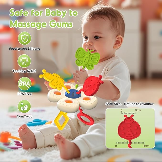 Baby Sensory Chew Toy for 6-12-18 Months, Soft Silicone Popper Pull String Travel Toys for Car Seat, Early Develop Fine Motor Skills & Vision, Learning Gift for Newborn Infant Toddler Boys Girls