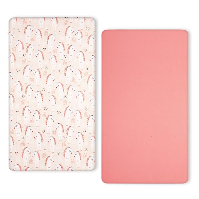 TILLYOU Baby Crib Sheets for Boys Girls, Super Soft Toddler Bed Sheets, 2 Pack Sheets for Standard Crib Mattress 28x52in, Pony Pink