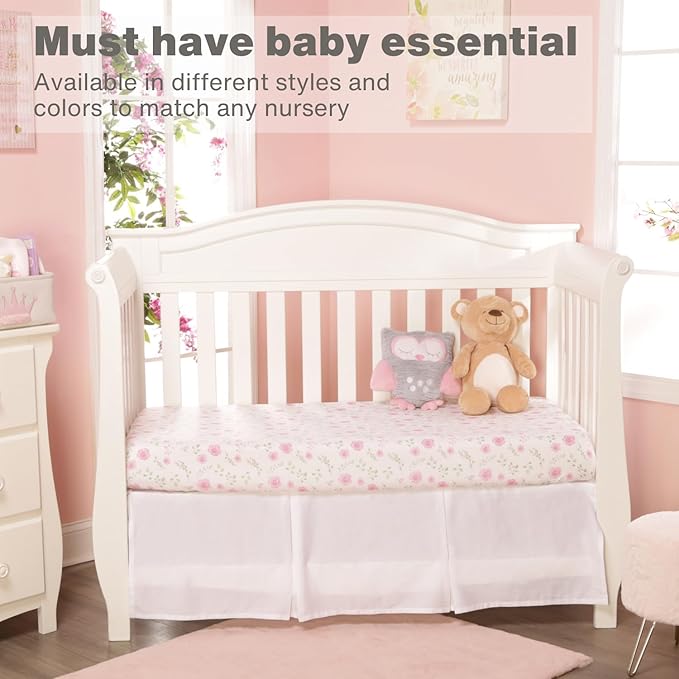 EVERYDAY KIDS 2 Pack Fitted Girls Crib Sheet, 100% Soft Breathable Microfiber Baby Sheet, Fits Standard Size Crib Mattress 28in x 52in, White and Pink Nursery Sheets with Flowers, Roses and Rosebuds