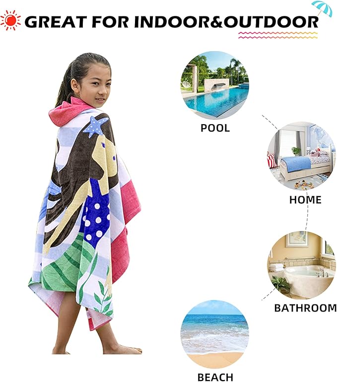 BANGSAUR Kids Towels with Hood, Oversize Bath Pool Swiming Towel Wrap Toddlers Girls Baby 3-12 Years Cotton Changing Robe Star Mermaid
