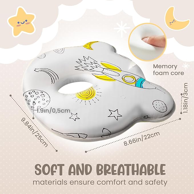 Soft and Breathable Baby Pillow with Memory Foam and Bear Design (White Cosmic)