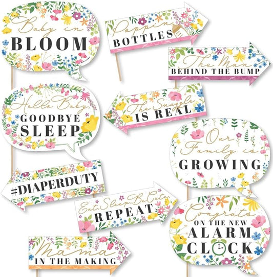 Big Dot of Happiness Funny Wildflowers Baby - Boho Floral Baby Shower Photo Booth Props Kit - 10 Piece