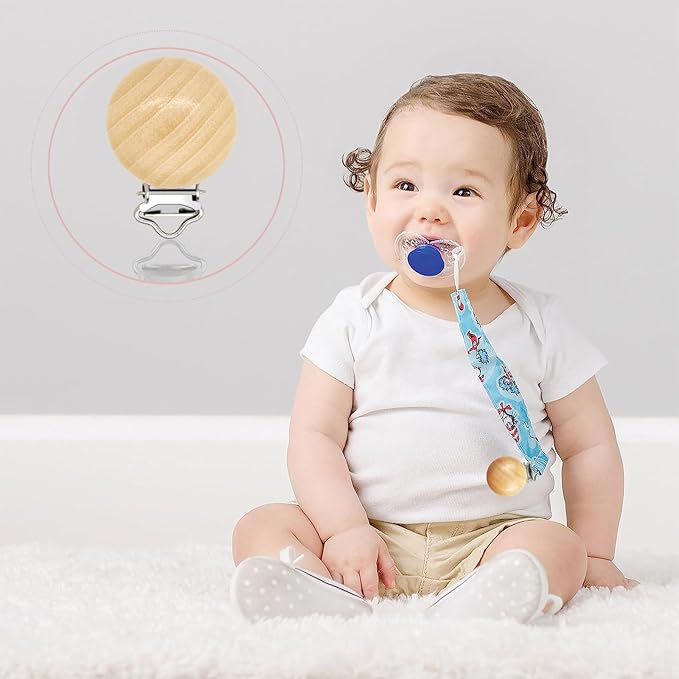 20 Pieces Wood Pacifier Clips Teething Grasping Toy Suspender Clips Natural Beech Wood Pacifier Clip Holder Charm DIY Pacifier Clips Chain Accessories