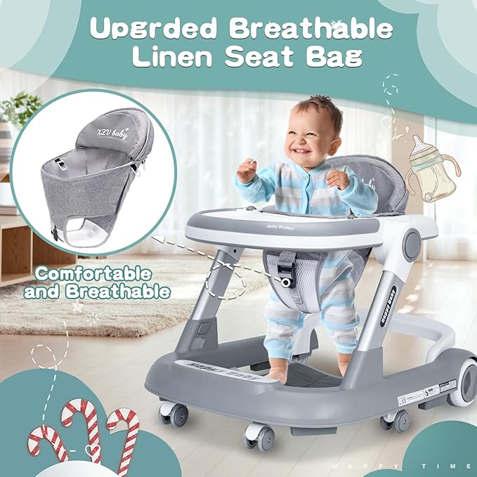 Baby Walker with Wheels 4 in 1 Foldable Activity Center with Mute Wheels Adjustable Heights Anti-Fall Activity Center for Boys Girls Safe Infant Toddler Walker with Footrest for 6-24 Months