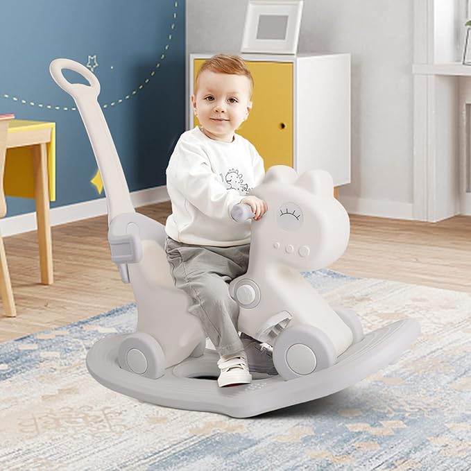 4 in 1 Rocking Horse for Toddlers 1-3 Years Old, Baby Rocking Toy Fun Birthday Gift for 1+ Kids, Ride on Toy with Detachable Balance Board and Footrest，Balance Bike with Push Handle，White