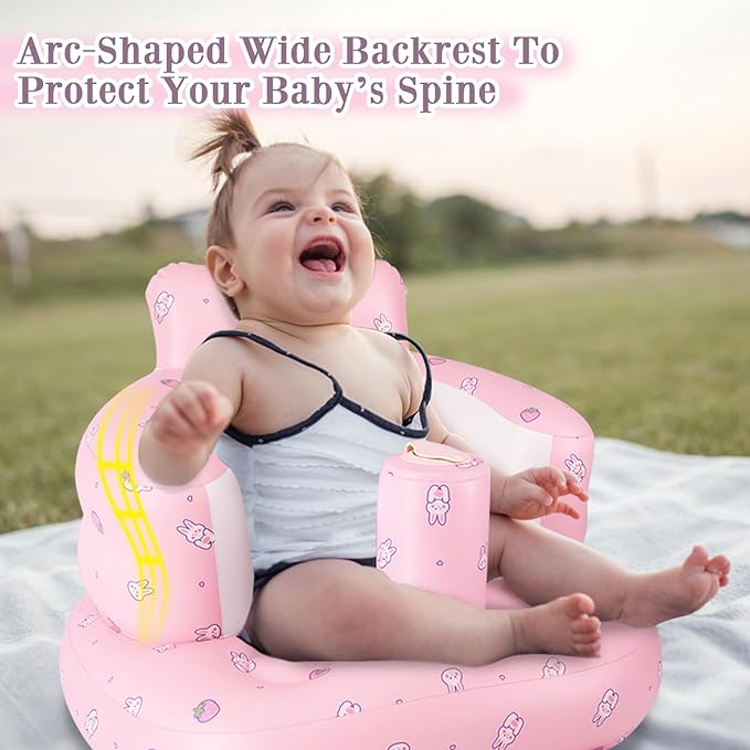 Inflatable Baby Chair, Inflatable Baby Seat for Babies 3 Months and Up, Summer Blow Up Chair with Built in Air Pump, Infant Floor Seats for Learning to Sit, Palying, Camping, Strawberry