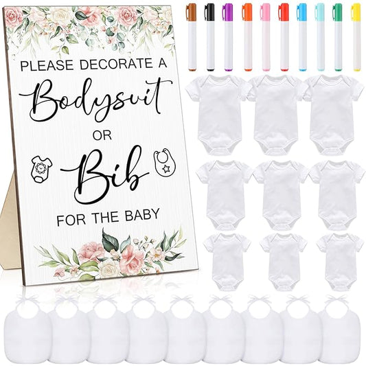 Roowest 35 Pcs Baby Shower Bibs Games Design Wooden Baby Shower Party Game Sign DIY Bodysuit Sign 15 White Blank Feeder Bibs 9 Newborn Bodysuit 10 Markers for Boys Girls(Flower)