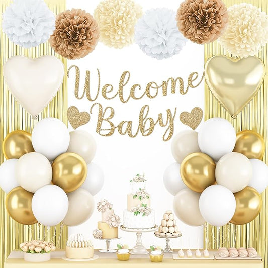 Gold White Baby Shower Decorations,Welcome Baby Banner with Sand White Gold Balloons Fringe Curtains Paper Pom Poms Flowers Tassels for Girl Boy Boho Baby Shower Gender Reveal Party Supplies