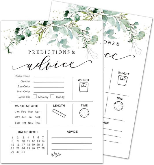 Greenery Baby Shower Game Cards - Set of 30 Predictions & Advice For Baby - Double Sided Print Baby Announcement Gender Reveal Game Card For Parents To Be - Baby Shower Party Activities Supplies - A01