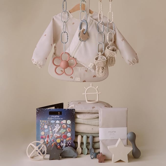 mushie Long Sleeve Baby Bib | Water Resistant Adjustable Fit for Ages 6-24 Months