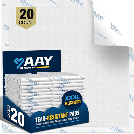 AAY Heavy Duty 150 Gram Disposable Incontinence Bed Pads 36"x36"（20 Count） Ultra Absorbent Underpads, Leakproof, Breathable & Comfortable Tear-Resistant Chucks Pads for Adults, Babies and Pets