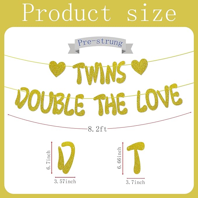 Twins Double The Love Gold Glitter Banner, NO-DIY,Twins Baby Shower/Twins Birthday Party Decorations