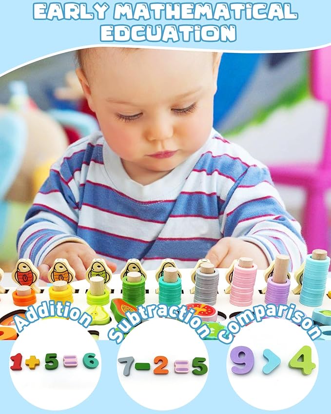 Magnetic Fishing Game, Montessori Educational Toy for 1-3, Wooden Alphabet Number Shape Puzzles, Rings Counting Sorting Toys Math Shape Blocks for Toddlers 3-5