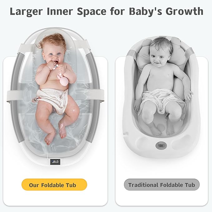 Collapsible Baby Bathtub for Newborn to Toddler 0-36 Months,Extra Large Foldable Infant Bath Tub with Thermometer,Cushion & Drain Hole,Portable Travel Tub, Baby Shower Gift Grey