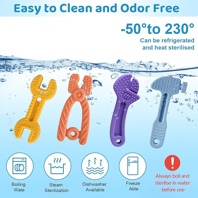 4 Pack Chew Baby Teething Toys for 0-12 Months, Freezable BPA Free Silicone Baby Molar Teether Chew Toys, Hammer Wrench Spanner Pliers Shape Baby Girl's Boy Car Seat Toy