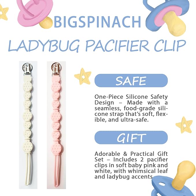2 Pack Silicone Pacifier Clips for Baby Boys – Food Grade One-Piece Strap with Cord & Stainless Clip – Teether Holder for Baby – Cute Ladybug & Leaf Design – BPA-Free(Beige+Pink)