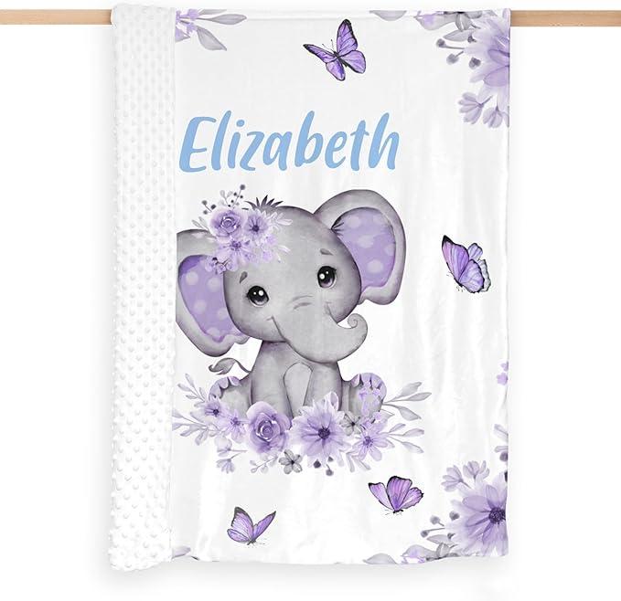 Personalized Baby Blanket for Girls Elephant Custom Baby Blankets with Name Dotted Backing Customized Gifts for New Mom Customize Baby Blanket for Kids Newborn Birthday Purple