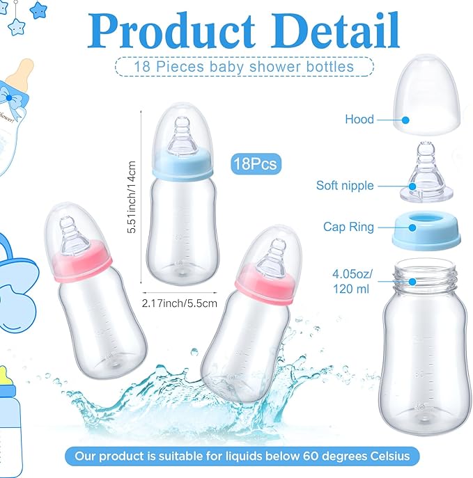 Roowest Bottle Chug Baby Shower Game Favors Including Brown Bear Theme Wooden Sign and 18 Pcs Baby Bottles for Gender Reveal Party Supplies